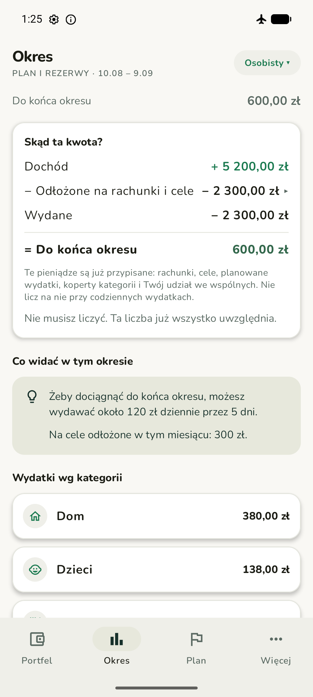 Ekran Okres w Ziteno z rozbiciem „Skąd ta kwota?”: dochód 5 200 zł, odłożone na rachunki i cele 2 300 zł, wydane 2 300 zł, do końca okresu 600 zł