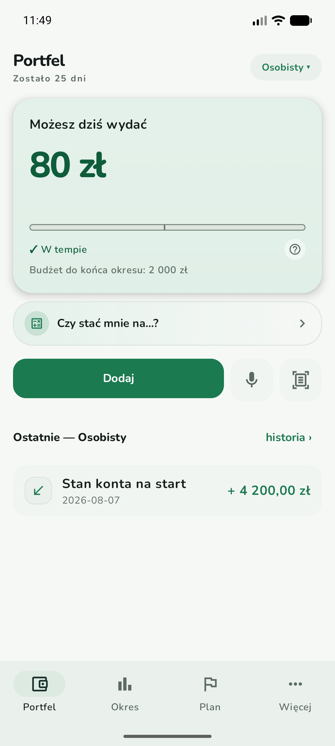 Ekran Portfela w Ziteno: duża kwota „Możesz dziś wydać” nad listą ostatnich wpisów